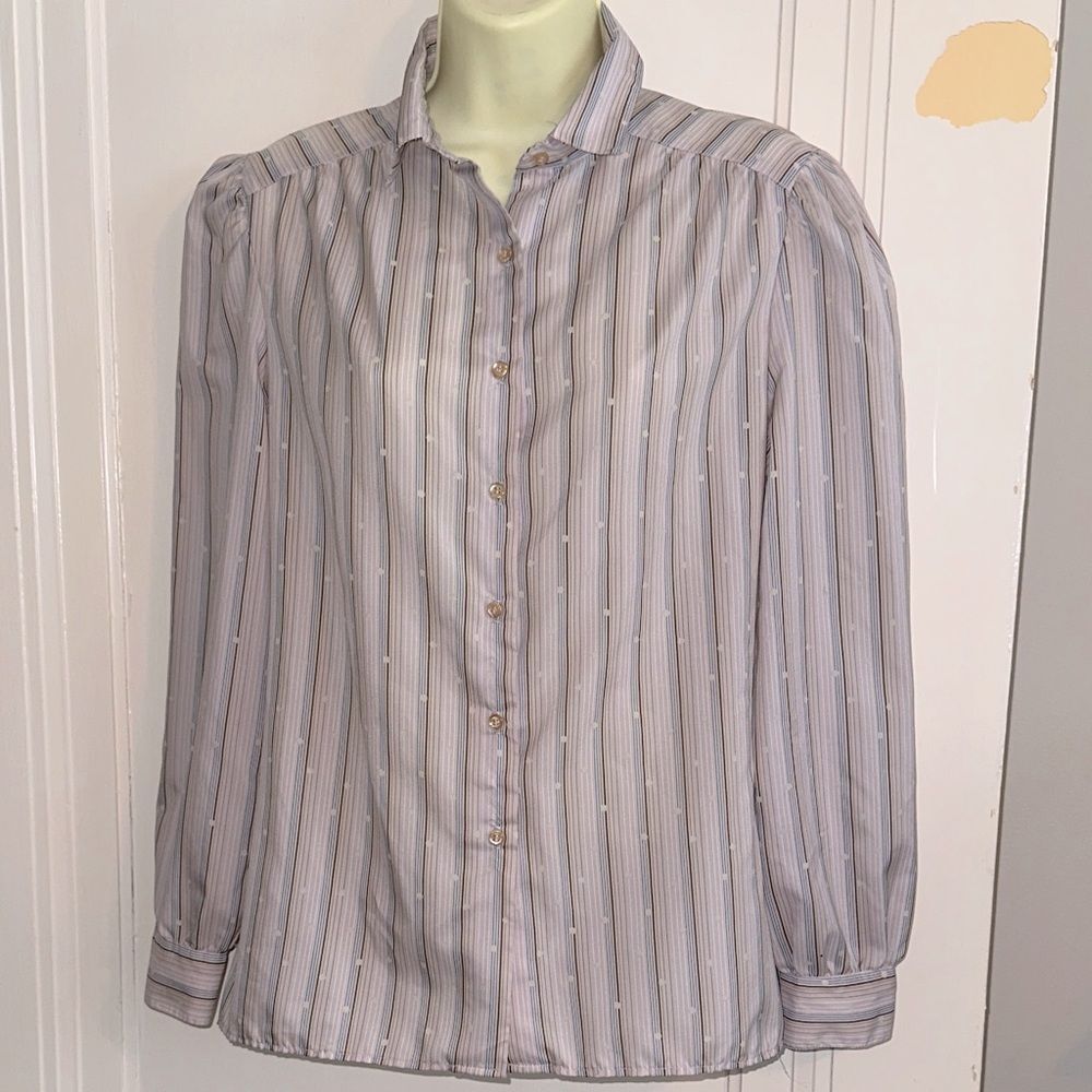 Vintage 70s/80s Haberdashery Striped Button-Up Polyester Blouse with polka dots‎